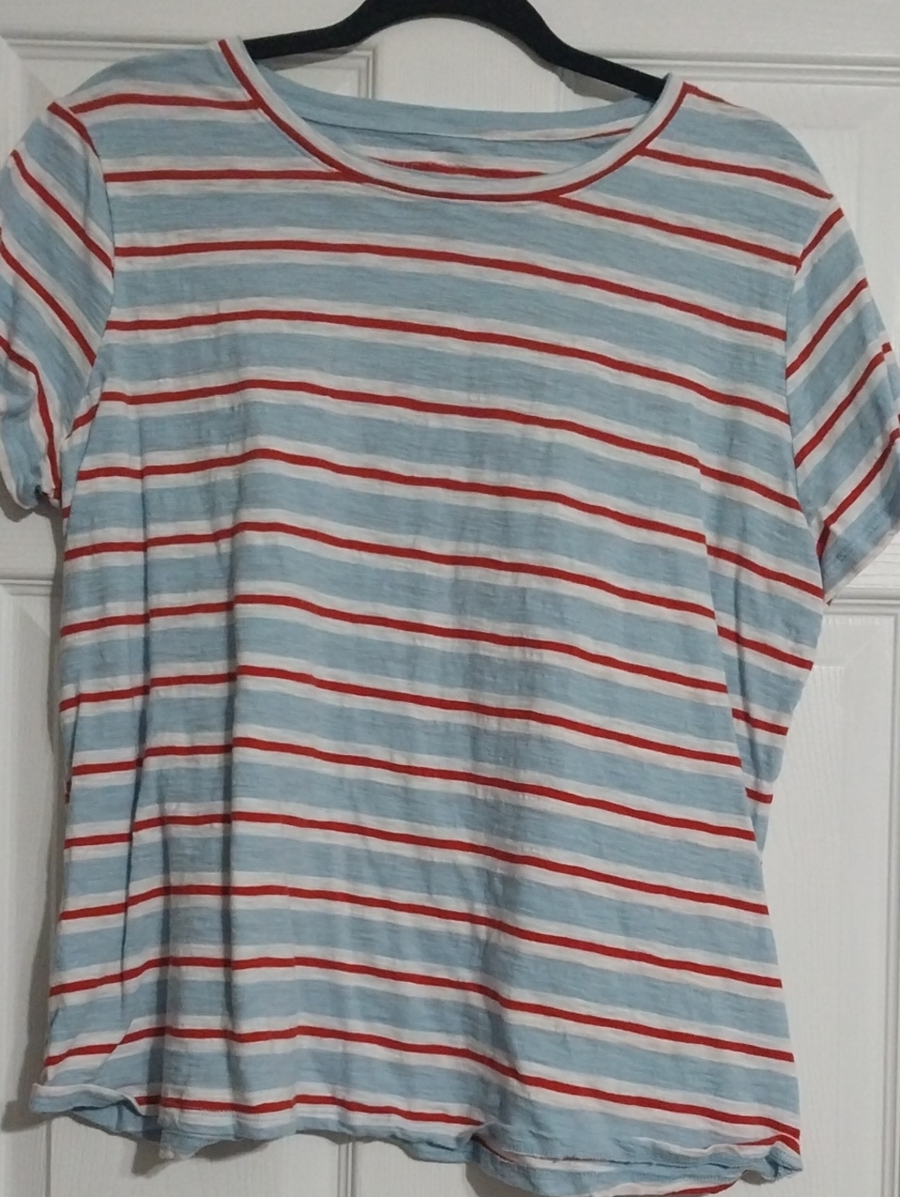LC Lauren Conrad Light Blue and Red Striped Short Sleeve Tee